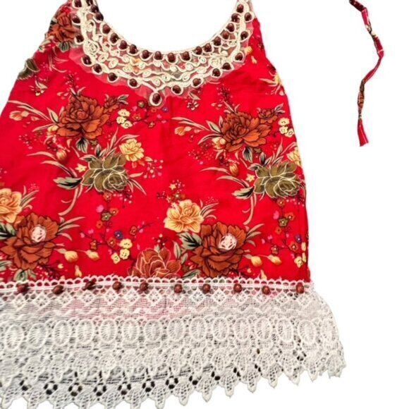 Beaded Crochet Trim Halter Tank Top Red‎ Floral XS S BOHO Hippie Western Beach - Picture 4 of 12